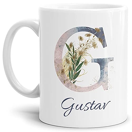 Tasse mit Buchstabe "G" und Blumen - mit Name personalisiert - Initiale, Namens-Tasse, Buchstaben Tasse, Geschenk I Keramik Weiß, 300 ml von Tassendruck