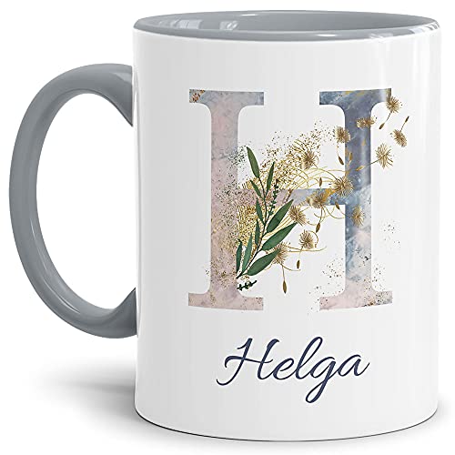 Tasse mit Buchstabe H und Blumen - mit Name personalisiert - Initiale, Namens-Tasse, Buchstaben Tasse, Geschenk I Keramik Innen & Henkel Grau, 300 ml von Tassendruck