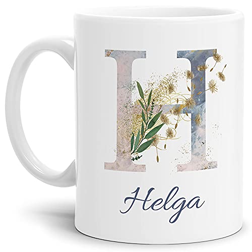 Tasse mit Buchstabe H und Blumen - mit Name personalisiert - Initiale, Namens-Tasse, Buchstaben Tasse, Geschenk I Keramik Weiß matt, 300 ml von Tassendruck