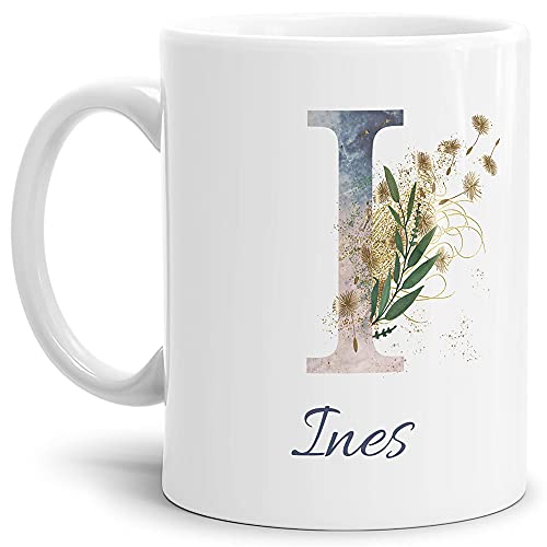 Tasse mit Buchstabe "I" und Blumen - mit Name personalisiert - Initiale, Namens-Tasse, Buchstaben Tasse, Geschenk I Keramik Weiß, 300 ml von Tassendruck