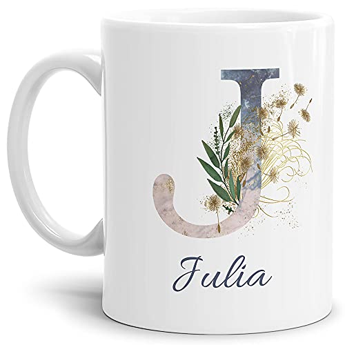 Tasse mit Buchstabe "J" und Blumen - mit Name personalisiert - Initiale, Namens-Tasse, Buchstaben Tasse, Geschenk I Keramik Weiß, 300 ml von Tassendruck