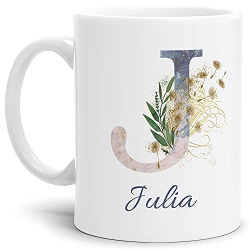 Tasse mit Buchstabe J und Blumen - mit Name personalisiert - Initiale, Namens-Tasse, Buchstaben Tasse, Geschenk I Keramik Weiß matt, 300 ml von Tassendruck