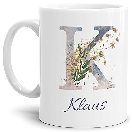 Tasse mit Buchstabe "K" und Blumen - mit Name personalisiert - Initiale, Namens-Tasse, Buchstaben Tasse, Geschenk I Keramik Weiß, 300 ml von Tassendruck