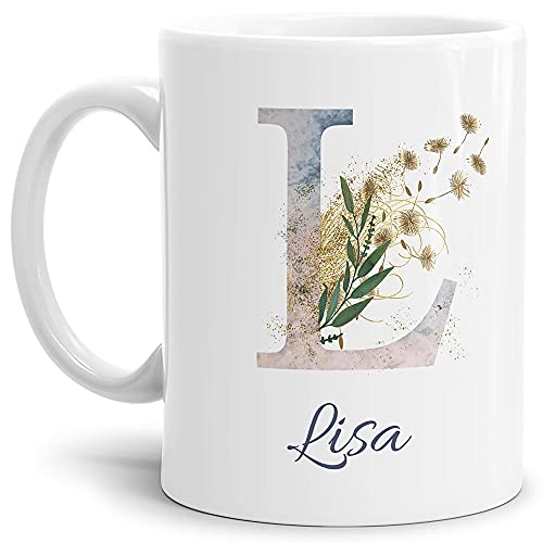 Tasse mit Buchstabe "L" und Blumen - mit Name personalisiert - Initiale, Namens-Tasse, Buchstaben Tasse, Geschenk I Keramik Weiß, 300 ml von Tassendruck