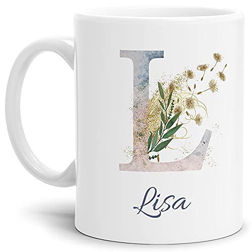 Tasse mit Buchstabe L und Blumen - mit Name personalisiert - Initiale, Namens-Tasse, Buchstaben Tasse, Geschenk I Keramik Weiß matt, 300 ml von Tassendruck