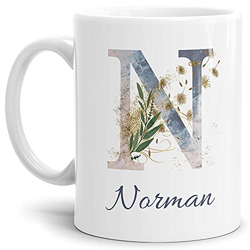 Tasse mit Buchstabe "N" und Blumen - mit Name personalisiert - Initiale, Namens-Tasse, Buchstaben Tasse, Geschenk I Keramik Weiß, 300 ml von Tassendruck