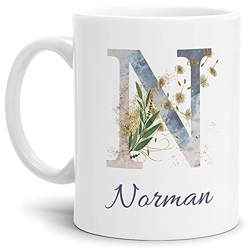 Tasse mit Buchstabe N und Blumen - mit Name personalisiert - Initiale, Namens-Tasse, Buchstaben Tasse, Geschenk I Keramik Weiß matt, 300 ml von Tassendruck