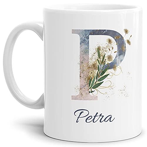 Tasse mit Buchstabe "P" und Blumen - mit Name personalisiert - Initiale, Namens-Tasse, Buchstaben Tasse, Geschenk I Keramik Weiß, 300 ml von Tassendruck