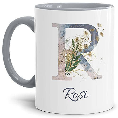 Tasse mit Buchstabe "R" und Blumen - mit Name personalisiert - Initiale, Namens-Tasse, Buchstaben Tasse, Geschenk I Keramik Innen & Henkel Grau, 300 ml von Tassendruck