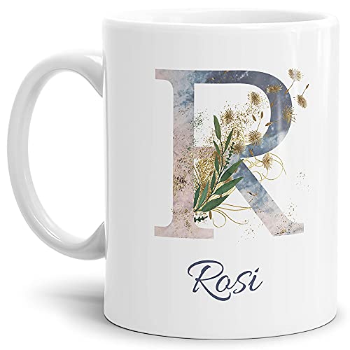 Tasse mit Buchstabe "R" und Blumen - mit Name personalisiert - Initiale, Namens-Tasse, Buchstaben Tasse, Geschenk I Keramik Weiß, 300 ml von Tassendruck