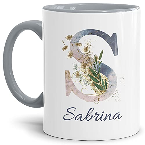 Tasse mit Buchstabe "S" und Blumen - mit Name personalisiert - Initiale, Namens-Tasse, Buchstaben Tasse, Geschenk I Keramik Innen & Henkel Grau, 300 ml von Tassendruck