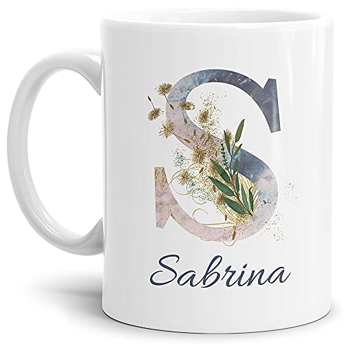 Tasse mit Buchstabe "S" und Blumen - mit Name personalisiert - Initiale, Namens-Tasse, Buchstaben Tasse, Geschenk I Keramik Weiß, 300 ml von Tassendruck