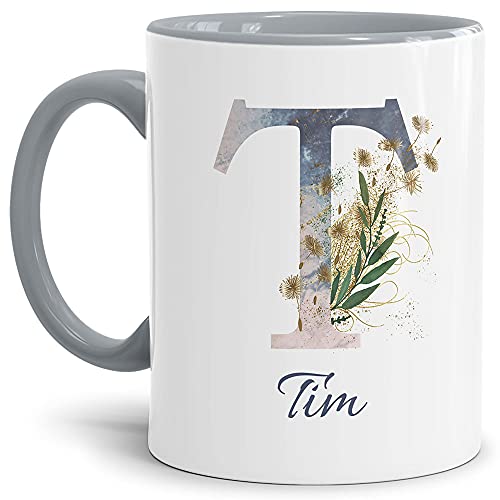 Tasse mit Buchstabe "T" und Blumen - mit Name personalisiert - Initiale, Namens-Tasse, Buchstaben Tasse, Geschenk I Keramik Innen & Henkel Grau, 300 ml von Tassendruck