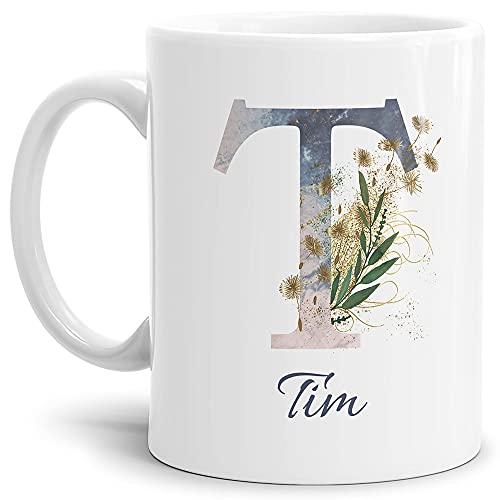 Tasse mit Buchstabe "T" und Blumen - mit Name personalisiert - Initiale, Namens-Tasse, Buchstaben Tasse, Geschenk I Keramik Weiß, 300 ml von Tassendruck