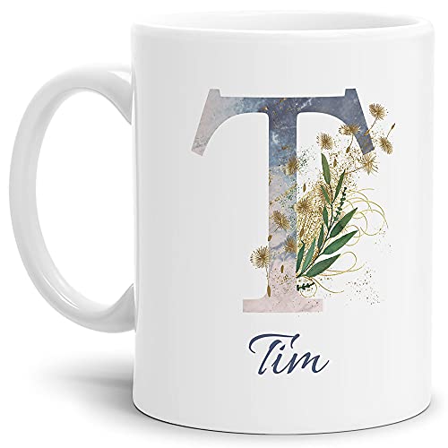 Tasse mit Buchstabe T und Blumen - mit Name personalisiert - Initiale, Namens-Tasse, Buchstaben Tasse, Geschenk I Keramik Weiß matt, 300 ml von Tassendruck