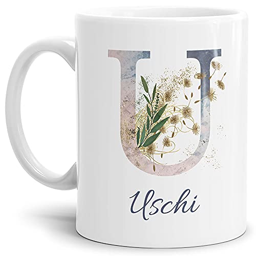 Tasse mit Buchstabe "U" und Blumen - mit Name personalisiert - Initiale, Namens-Tasse, Buchstaben Tasse, Geschenk I Keramik Weiß, 300 ml von Tassendruck