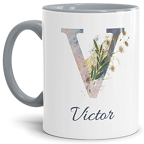 Tasse mit Buchstabe "V" und Blumen - mit Name personalisiert - Initiale, Namens-Tasse, Buchstaben Tasse, Geschenk I Keramik Innen & Henkel Grau, 300 ml von Tassendruck