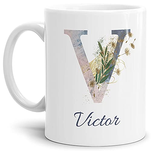 Tasse mit Buchstabe "V" und Blumen - mit Name personalisiert - Initiale, Namens-Tasse, Buchstaben Tasse, Geschenk I Keramik Weiß, 300 ml von Tassendruck