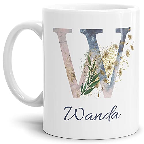 Tasse mit Buchstabe "W" und Blumen - mit Name personalisiert - Initiale, Namens-Tasse, Buchstaben Tasse, Geschenk I Keramik Weiß, 300 ml von Tassendruck