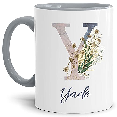 Tasse mit Buchstabe Y und Blumen - mit Name personalisiert - Initiale, Namens-Tasse, Buchstaben Tasse, Geschenk I Keramik Innen & Henkel Grau, 300 ml von Tassendruck