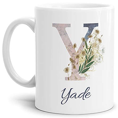 Tasse mit Buchstabe "Y" und Blumen - mit Name personalisiert - Initiale, Namens-Tasse, Buchstaben Tasse, Geschenk I Keramik Weiß, 300 ml von Tassendruck