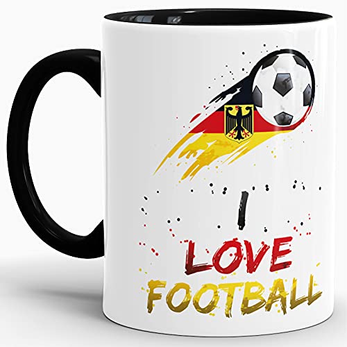 Tasse mit Fussball-Spruch "I Love Football" - Innen & Henkel Schwarz - WM/EM/Weltmeister/Liga/Ball/Kicken/Deutschland von Tassendruck