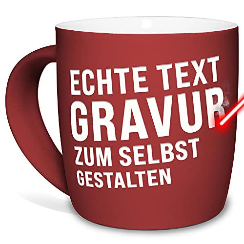 Tasse mit Gravur selbst gestalten - mit eigenem Spruch oder Wunschname gravieren - Keramiktasse außen gummiert - Rot, 300 ml von Tassendruck