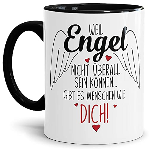 Tasse mit Motiv - Weil Engel nicht überall sein können, gibt es Menschen wie Dich! - Geschenkidee Geburtstag, Hochzeitstag, Familie - Hochwertige Keramik, Innen & Henkel Schwarz, 300 ml von Tassendruck