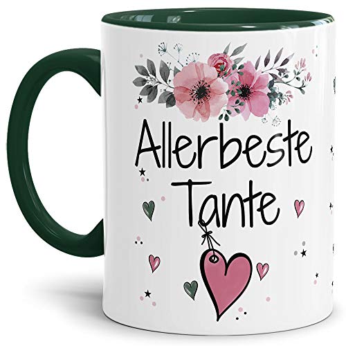 Tasse mit Spruch - Allerbeste Tante - Schöne Geschenkidee/zum Geburtstag für beste Freunde und Familie/Danke Tasse - Innen & Henkel Dunkelgrün von Tassendruck