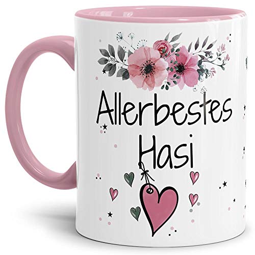 Tasse mit Spruch - Allerbestes Hasi weiblich - Bedruckter Kaffeebecher mit süßem Motiv - Geschenkidee für Lieblingsmenschen - Innen & Henkel Rosa, 300 ml von Tassendruck