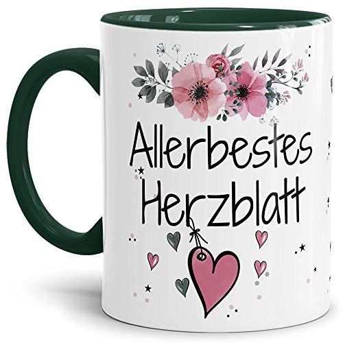 Tasse mit Spruch - Allerbestes Herzblatt weiblich - Bedruckter Kaffeebecher mit süßem Motiv - Geschenkidee für Lieblingsmenschen - Innen & Henkel Dunkelgrün, 300 ml von Tassendruck