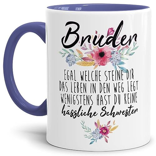 Tasse mit Spruch "Bruder - Wenigstens hast du keine hässliche Schwester" - Geschenk-Idee/Witzig/Innen & Henkel Cambridge-Blau von Tassendruck
