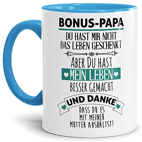 Tasse mit Spruch - Danke Bonus Papa - Kaffeetasse/Spruchtasse/Bester Stiefpapa/Geschenk Stiefvater - Innen & Henkel Hellblau von Tassendruck