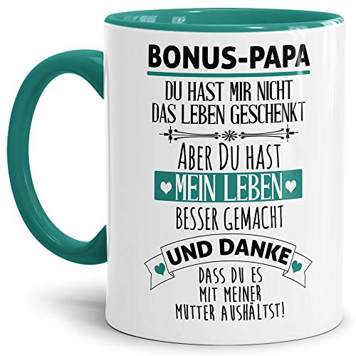 Tasse mit Spruch - Danke Bonus Papa - Kaffeetasse/Spruchtasse/Bester Stiefpapa/Geschenk Stiefvater - Innen & Henkel Türkis von Tassendruck