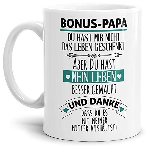 Tasse mit Spruch - Danke Bonus Papa - Kaffeetasse/Spruchtasse/Bester Stiefpapa/Geschenk Stiefvater - Weiß von Tassendruck