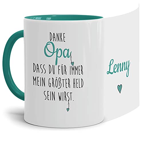 Tasse mit Spruch - Danke Opa Mein Held - Keramiktasse zum selbst Beschriften - Geschenk für Opa - Innen & Henkel Türkis, 300 ml von Tassendruck