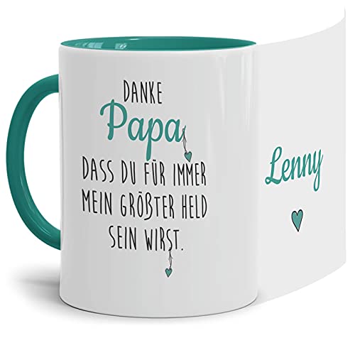 Tasse mit Spruch - Danke Papa Mein Held - Keramiktasse zum selbst Beschriften - Geschenk für Papa - Innen & Henkel Türkis, 300 ml von Tassendruck