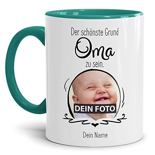 Tasse mit Spruch - Der schönste Grund Oma zu Sein - Personalisierbare Keramiktasse mit Namen und Foto - Geschenk Oma - Innen & Henkel Türkis, 300 ml von Tassendruck