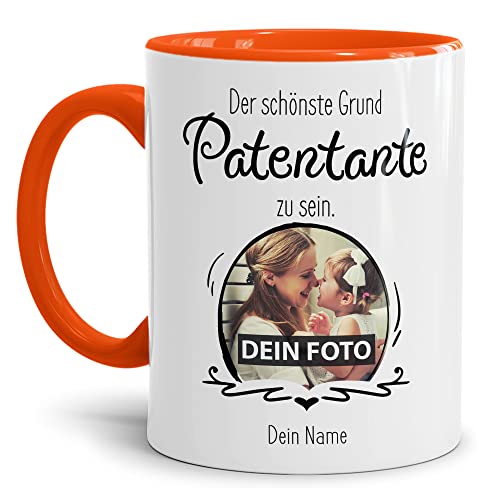 Tasse mit Spruch - Der schönste Grund Patentante zu Sein - Personalisierbare Keramiktasse mit Namen und Foto - Geschenk Patentante - Innen & Henkel Orange, 300 ml von Tassendruck