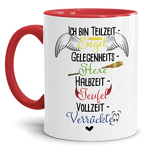 Tasse mit Spruch - Engel, Hexe, Teufel und Verrückt - Lustiges Geschenk für Familie, Freunde, Spruchtasse, Büro - Keramik Innen & Henkel Rot, 300 ml von Tassendruck