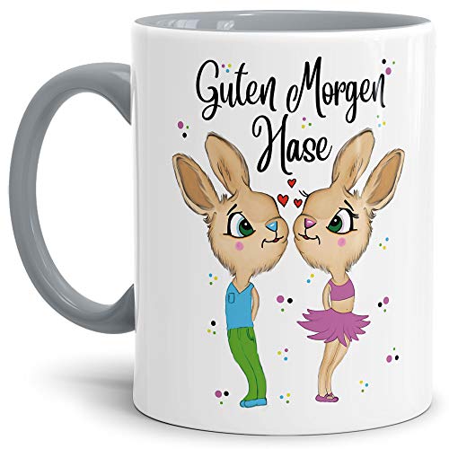 Tasse mit Spruch Hasenliebe - Guten Morgen Hase - Geschenk-Idee/Süßer Hase/Kaffee-Tasse/Ostern/Liebe - Innen & Henkel Grau von Tassendruck