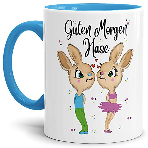 Tasse mit Spruch Hasenliebe - Guten Morgen Hase - Geschenk-Idee/Süßer Hase/Kaffee-Tasse/Ostern/Liebe - Innen & Henkel Hellblau von Tassendruck
