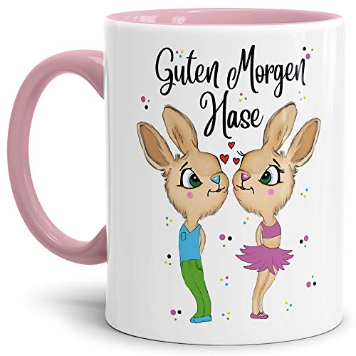 Tasse mit Spruch Hasenliebe - Guten Morgen Hase - Geschenk-Idee/Süßer Hase/Kaffee-Tasse/Ostern/Liebe - Innen & Henkel Rosa von Tassendruck