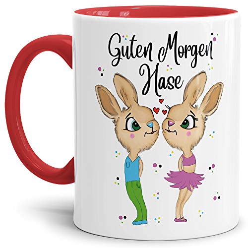 Tasse mit Spruch Hasenliebe - Guten Morgen Hase - Geschenk-Idee/Süßer Hase/Kaffee-Tasse/Ostern/Liebe - Innen & Henkel Rot von Tassendruck