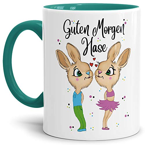 Tasse mit Spruch Hasenliebe - Guten Morgen Hase - Geschenk-Idee/Süßer Hase/Kaffee-Tasse/Ostern/Liebe - Innen & Henkel Türkis von Tassendruck