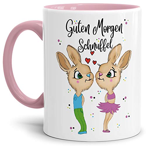 Tasse mit Spruch Hasenliebe - Guten Morgen Schnuffel - Geschenk-Idee/Süßer Hase/Kaffee-Tasse/Ostern/Liebe - Innen & Henkel Rosa von Tassendruck