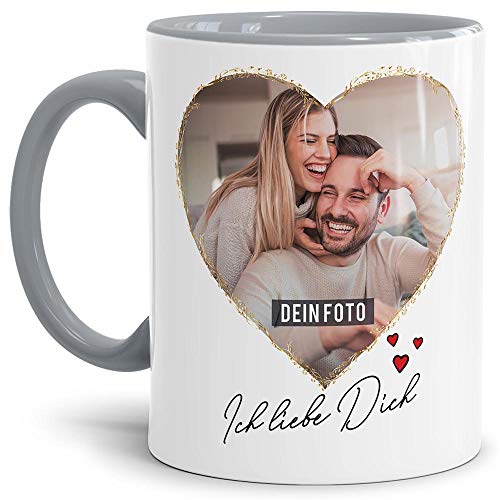 Tasse mit Spruch - Ich liebe Dich - zum Selbst gestalten mit zwei Fotos in Herzform - Geschenkidee für den Partner, Innen & Henkel Grau, 300 ml von Tassendruck