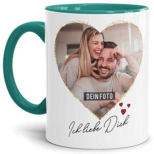 Tasse mit Spruch - Ich liebe Dich - zum Selbst gestalten mit zwei Fotos in Herzform - Geschenkidee für den Partner, Innen & Henkel Türkis, 300 ml von Tassendruck