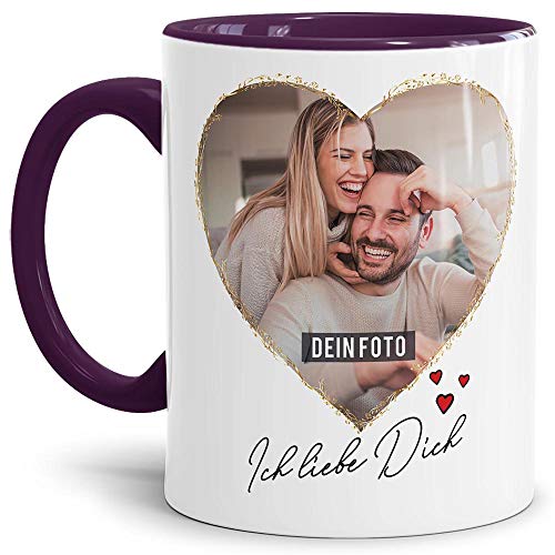 Tasse mit Spruch - Ich Liebe Dich - zum Selbst gestalten mit Zwei Fotos in Herzform - Geschenkidee für den Partner, Innen & Henkel Violett, 300 ml von Tassendruck