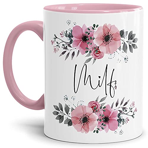 Tasse mit Spruch - Kaffee Tasse_Milf - Motivtasse mit Blumenmotiv - Geschenkidee - Keramiktasse Innen & Henkel Rosa, 300ml von Tassendruck